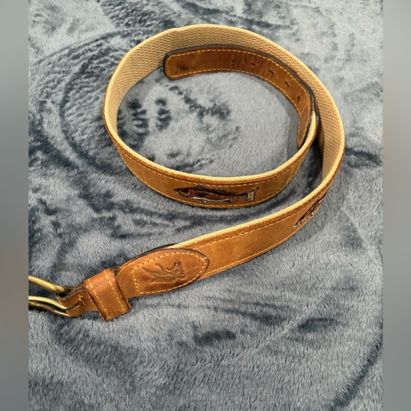 Ocean Rider Belt 34 Tan Leather Canvas Angler Marine Brass Buckle, Made in USA - Picture 1 of 12